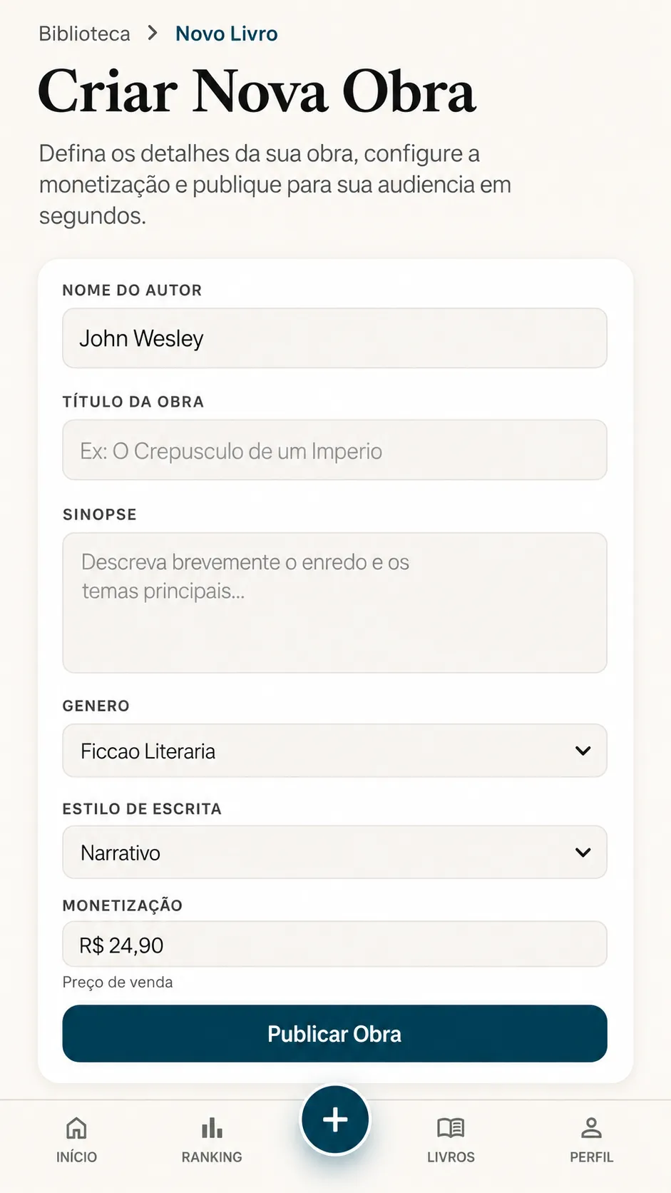 Tela da plataforma Meu Livro